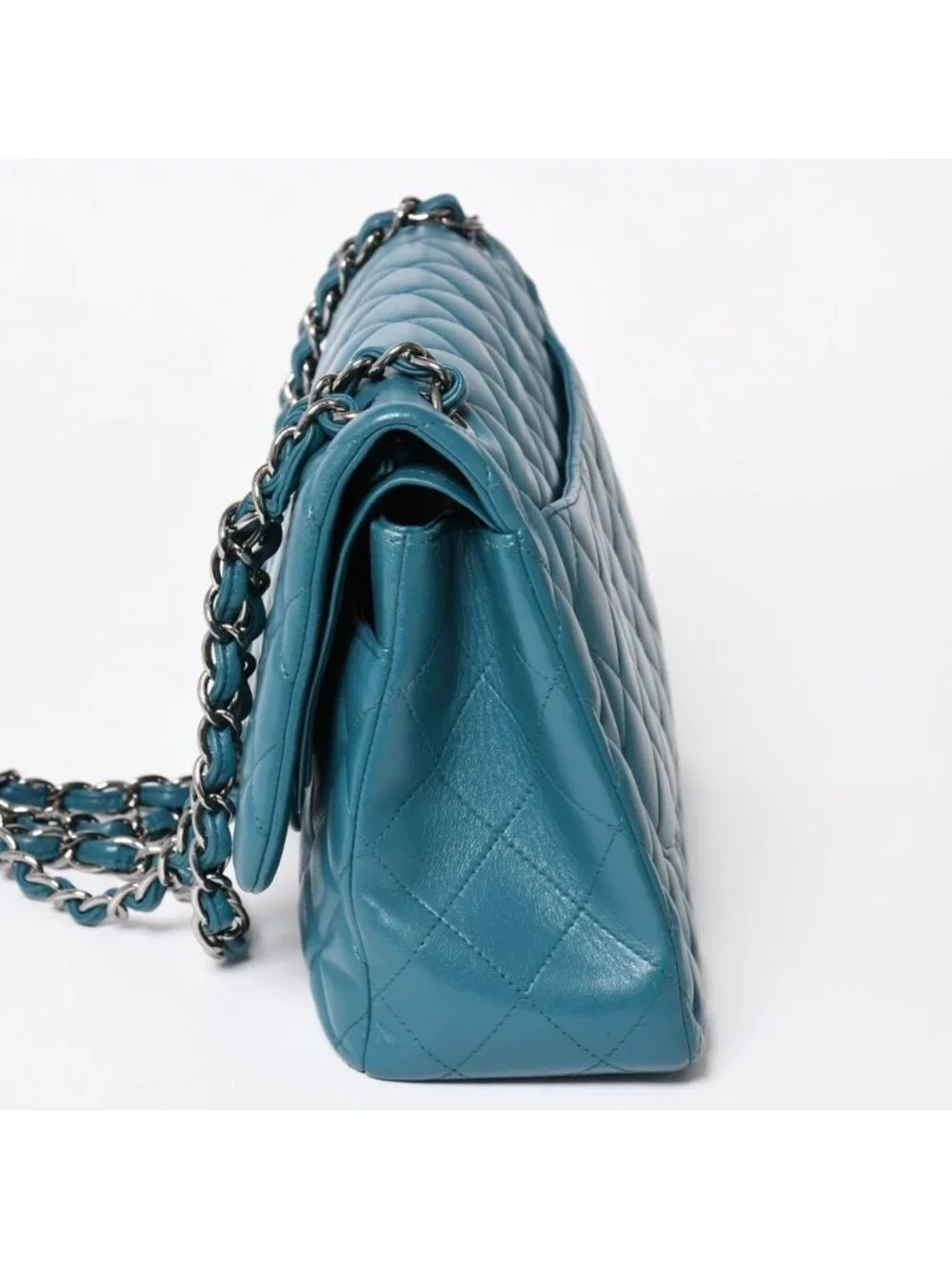 Chanel Maxi Quilted 30 Double Flap Chain Shoulder Bag CC Logo Lambskin Turquoise